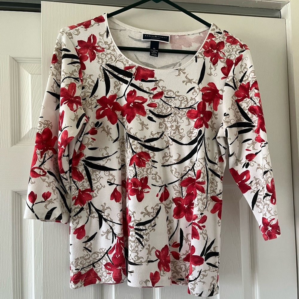 2 Karen Scott Fitted Blouses- one blue/white, one red/white